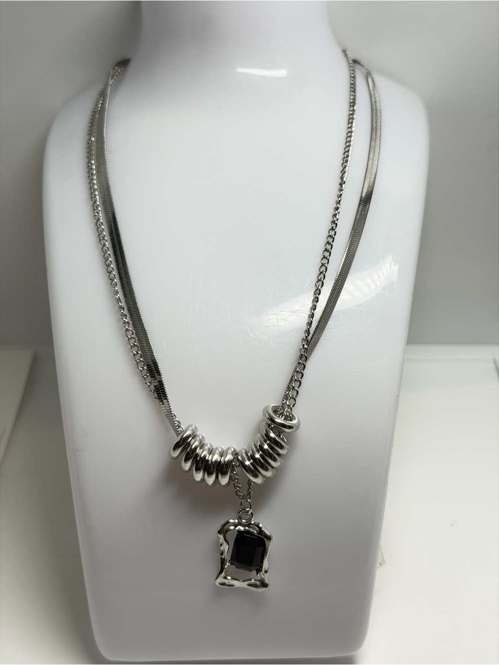 925 Silver Plated Double -Chain Stainless based Necklace with Black Pendant